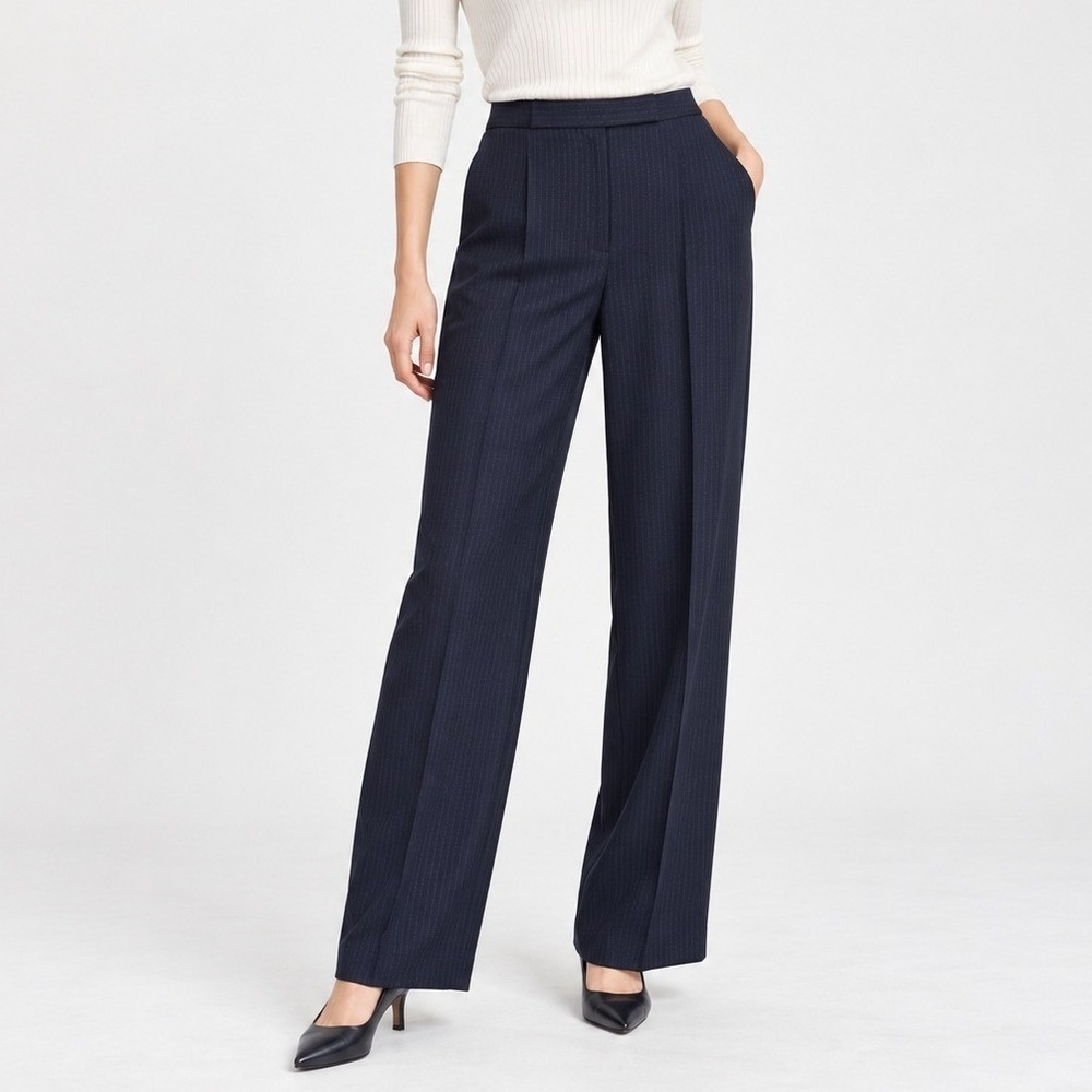 LOFT Womens 12 Navy Pinstripe Wool Blend Wide Leg Dress Pants Pleated Trousers